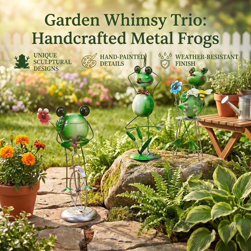 Metal Frog Statues Set 3, Yoga Bike Chair Frog Garden