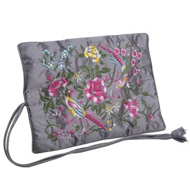 KYEYGWO Chinese Embroidery Travel Jewelry Roll with Flowers and Bird Embroidery, Jewelry Organizer Portable Hand Roll Bag Jewelry Bag for Necklace Ring Bracelet Storage, Grey
