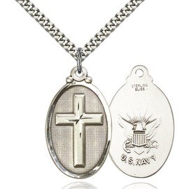 Bonyak Jewelry Sterling Silver Cross/Navy Pendant 1 1/4 x 5/8 inches with Heavy Curb Chain