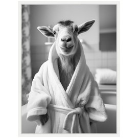 Kate and Laurel Goat Bathroom Art Towel Robe Black and White Framed Canvas Wall Art by The Creative Bunch Studio 18 x 24 Sylvie White, Black & White, Animals, Bathroom, Humor Art for Wall Decor,