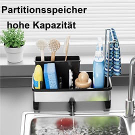 Countertop Holder Sink Caddy Stainless Steel Sponge Holder for Kitchen Sink with Brush Holder and Tea Towel Holder, Stainless Steel Utensils Basket for Kitchen Bathroom Rotating Water Deflector