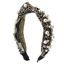 Animal Print Wide Knot Headband with Pearls - Brown