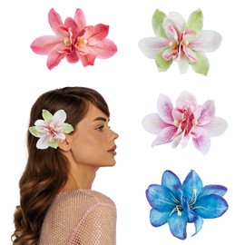 NICENEEDED 4 PCS Hawaiian Flower Hair Clips for Women, Artificial Orchid Hair Barrettes Hibiscus Tropical Decorations, Boho Clip for Wedding Bridal Beach Party