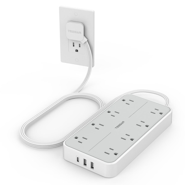 Power Strip Surge Protector, TESSAN Flat Plug Extension Cord with 8 Outlets 3 USB Charger(1 USB C), 1080 Joules Wall Mountable Multi Port Charging Station for Home Office School Dorm Room Essentials