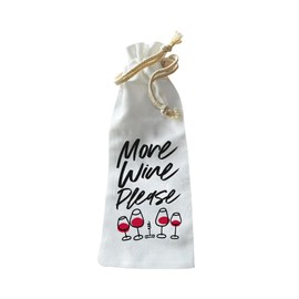 Jolitee “More Wine Please” Bottle Gift Bag – Reusable Drawstring Canvas Bag with Whimsical Font – Funny Host Gift for Wine Nights, Friends, or Dinner Parties