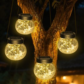 Kolpop 4 Pack Hanging Solar Lights for Outside, Cracked Glass Solar Lanterns Lights Outdoor Waterproof ,30 LED Hanging Globes Lights for Christmas Decoration, Shepherd Hook, Garden Tree Ornaments