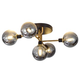 BOKT Mid Century Brass Flush Mount Ceiling Light - Modern Brushed Gold 5-Light Smoke Gray Glass Globe Sputnik Chandelier