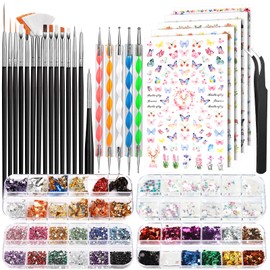 Fandamei Nail Art Brush and Decoration Set, 15 Pieces Brushes, 5 Sheets Nail Stickers, 5 Pieces Dotted Pen, Rhinestones, Iridescent Sequins, Butterfly Glitter, Gold Leaf for Nail Art (Black)
