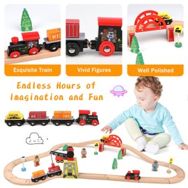 Qilay Wooden Train Set for Toddler - 39 Pcs Wood Train Tracks with Crane, Bridge & 5 Wooden Trains - Train Toys for 3,4,5 Year Old Boys & Girls - Fit All Major Bands Tracks Set