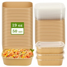 ZILAMGOO 50-Pack 19oz Paper Meal Prep Containers with Lids – Leakproof Rectangular Biodegradable Takeout Boxes for Salads, Ice Cream, Meal Prep & Parties(Microwave & Fridge Safe)