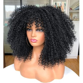 CoCrowns 16inch Afro Kinky Curly Wig with Bangs Long Curly Wigs for Black Women No Glue Full and Fluffy Like a Bomb Long Curly Hair Wigs(Black)