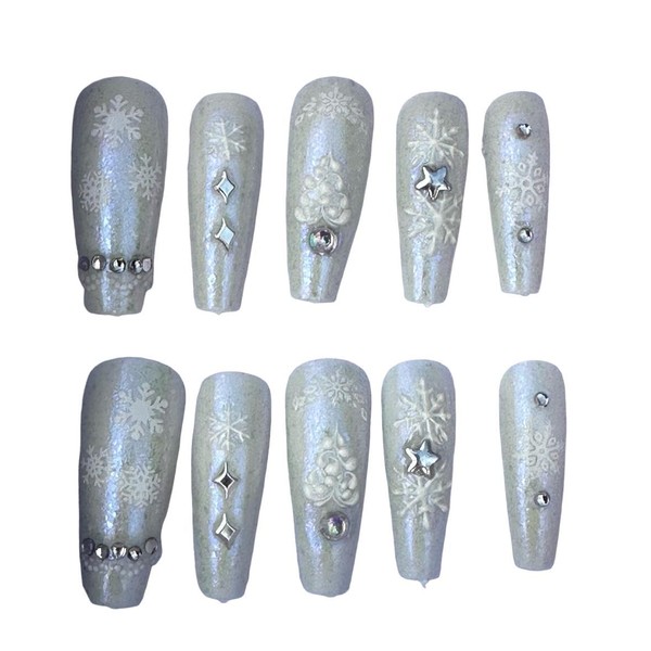 Handmade Press On Fake Nails, Snow Queen, Medium to Long