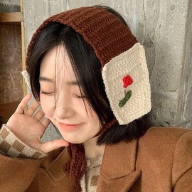 자수 여성귀마개 플라워 니트 귀마개 손뜨개 (WFJ8PB1) Embroidered Women's Ear Muffs Flower Knit Ear Muffs Handmade (WFJ8PB1)