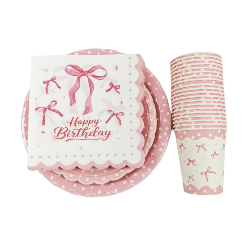 LOONELO Pink Bow Birthday Party Supplies, 84pcs Coquette Girl Happy