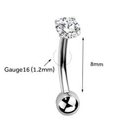 RL ROSARY LAND G23 Titanium Threadless Top in Curved Barbell Ring 16G, Eyebrow Rings, CZ, Rook Cartilage Earring, 8mm Vertical Labret, Daith, Helix Piercings Body Jewelry Sliver, Titanium, cubic