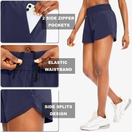 SANTINY Pantalones cortos de running para mujer con bolsillos para teléfono, cintura alta, pantalones cortos de gimnasio, para mujer, con forro, Azul marino/flor y brillo, S