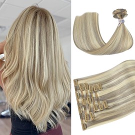 Ukira Blond Hair Extensions, Clip in Hair Extensions Human Hair 15 Inch 70g 7pcs Ash Blonde Mixed Bleach Blonde, Remy Human Hair Extensions Clip ins for Women Blonde Highlights Hair Extensions