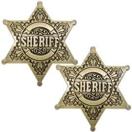 Huwane Sheriff Badge 2 Packs Metal Police Badges Pin Old West Prop Western Cop Star Badge for Kids, boys, Girls, Party, Adult (Brass Color)