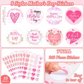 240 Pcs Happy Mother's Day Stickers Labels, 1.4 Inches Floral Mother's Day Heart Sticky Labels Pink White Round Mom Stickers for Crafts Cards Gift Wrap Boxes Envelope Seals Party Favor Decorations