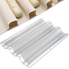 Stainless Steel Perforated French Baguette Bread Pan 3 Waves Toaster Oven Baking Tray (15"x10") with Large Bread Proofing Cloth (17.7" x 30.3")