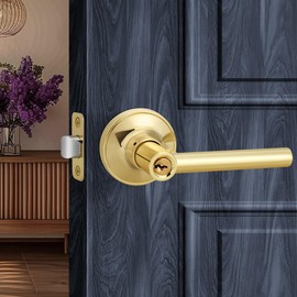 LOQRON Polished Gold Round Style Door Handle with Lock and Key, Keyed Entry Reversible Door Lever for Office or Front Door, Polished Brass Finish