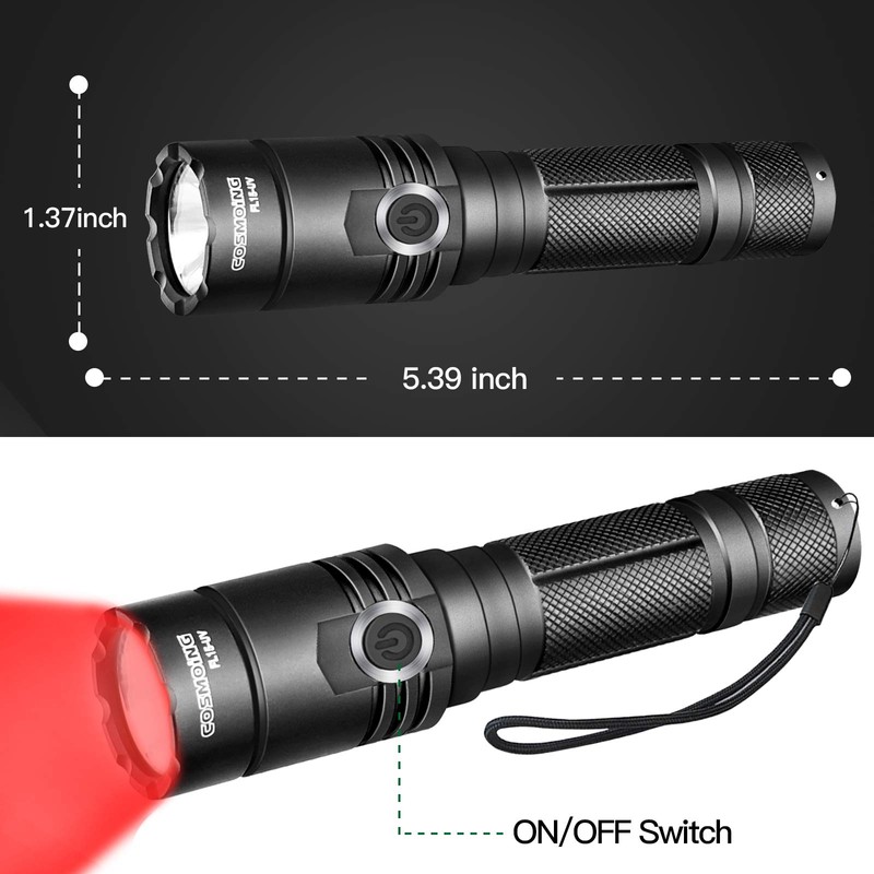 COSMOING High Power Red LED Flashlight Rechargeable, 300 Yards Red