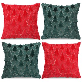 JuneJour Christmas Cushion Covers Set of 4 Outdoor Furniture Decor Linen Square Single-Sided Printing Pillow Cover for Holiday Home Office Sofa Car Garden Green 45 x 45cm (Red+Green-Christmas Tree)