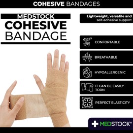 MEDSTOCK Cohesive Bandage, 5CM X 4.5M Stretched, White - 12 Rolls, Wound Care, Hypoallergenic, Breathable Elastic Self Adherent Wrap for People & Pets, Supports Injured Joints and Muscles