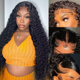 Dianthe Deep Wave Lace Front Wigs Human Hair 180% Density 13x6 HD Transparent Glueless Pre Plucked Deep Curly Wig Wet and Wavy Human Wigs for Women with Baby Hair (Deep Black, 22-Inch)