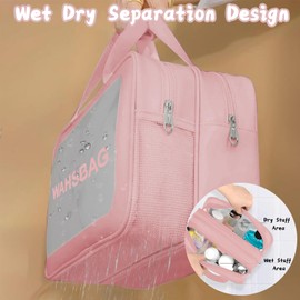 2 PCS Clear Toiletry Bags for Women, Travel Toiletries Wash Bag with Handles, Wet Dry Separation Large Capacity PVC Makeup Bag for Girls (Pink)