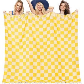 Genovega Oversized Giant Turkish Beach Towel Blanket Extra Large XXL Lightweight Quick Dry Sand Free Boho Throw Pool Cloud Sandrpoof Blankets Women Men Big Jumbo Wide 2 Person Size Grid Yellow