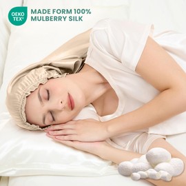 THXSILK 100% Mulberry Silk Bonnet for Sleeping Women Silk Sleep Bonnet with Elastic Band Hair Silk Wrap Hair Cap for Women Long Curly Hair Champagne