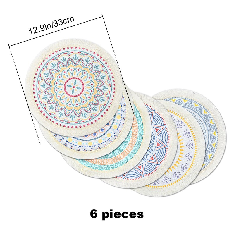 fanquare Set of 6 Boho Placemats, Round Cotton Woven prints