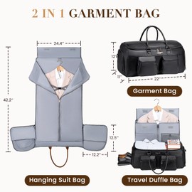Convertible Garment Bag for Travel, PU Leather Carry On Garment Duffle Bag for Men Women, 2 in 1 Suit Travel Bags for Hanging Clothes with Shoe Compartment