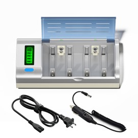 Battery Charger for C D AA AAA 9V Ni-MH Ni-CD Rechargeable Batteries with Discharge Function & AC Plug Included and Car Charging Cable