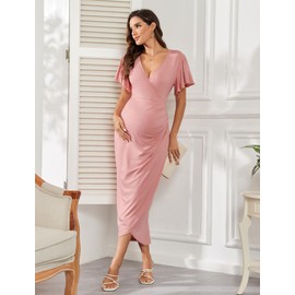 AISWI 2025 Women's Maternity Wrap Dress V Neck Ruffle Sleeves Semi Formal Baby Shower Photoshoot Party Cocktail Pregnancy Dresses, Dusty Pink, Large