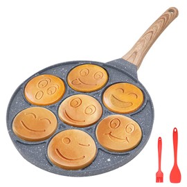 Bobikuke Pancake Pan Induction for Kids, Pancake Shapes Pan, Mini Pancakes Maker Nonstick Pancake Griddle 7 Hole Smiley Face Pancake Mold for Breakfast, 10 Inch