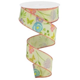 Wildflowers, cinta con borde de alambre, 10 yardas, Amarillo, crema, verde, rosa, 3,81cm, 1
