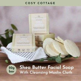 Cosy Cottage Shea Butter Facial Soap (55g) with Muslin Cloth (30cm x 30xm) | Handmade, Vegan and Moisturising | Gentle Facial Cleanser | Palm Oil Free | Plastic-Free and Eco-Friendly
