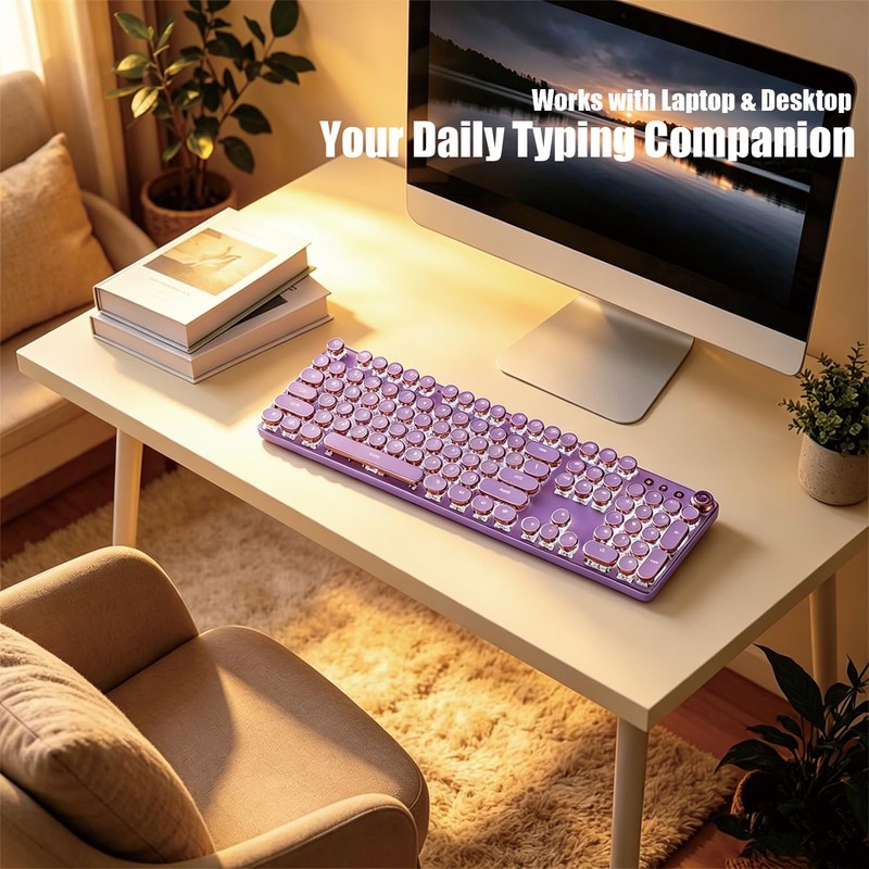 Hnjugfe Purple Retro Typewriter Keyboard, 104 Keys Wired USB with