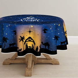 Horaldaily Christmas Tablecloth 90×90 Inch Round, Blue Holy Night Snow Washable Table Cover for Party Picnic Dinner Decor
