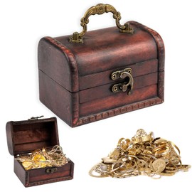 Small Wooden Treasure Chest Vintage Treasure Chest Children's Birthday Treasure Chest Red Brown Pirate Box 12 x 8.5 x 8.5 cm Treasure Chest Small Storage for Jewellery, Coins, Decoration, Memorabilia