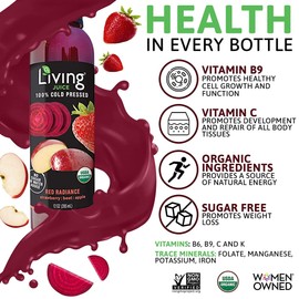 O2 Living Red Radiance Organic Juice Drink - 12oz, 12 Pack - Cold-Pressed Juice Drink, No Added Sugars or Water, Natural Sweetness from Fruits, Packed with Nutrients and Vitamins, Refreshing, Non-GMO