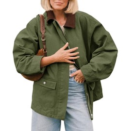 Tankaneo Womens Oversized Barn Jacket Zip Up Military Safari Jackets Fall Color Block Vintage Trench Coat with Pockets