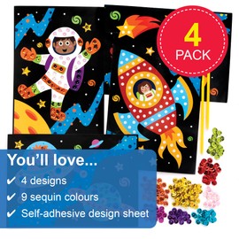 Baker Ross FE727 Solar System Sequin Art Kits - Pack of 4, Make Your Own Childrens Craft Set, Creative Activities for Kids, Decorate Your Own Arts and Crafts Pictures
