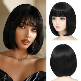 Sallcks Black Bob Wig Short Bob Natural Straight Hair Wig with Bangs Heat Resistant Synthetic Wig for Women