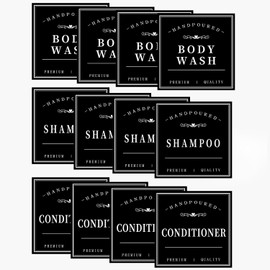 HVSWLY 12 piezas de etiquetas para baño para dispensador de jabón, etiquetas removibles de organización para baño, etiquetas impermeables para botellas de champú, acondicionador y gel corporal (negro)