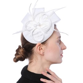 Biruil Women's Fascinator Hat Fake Sinamay Feather Tea Party Pillbox Flower Derby Church Hat(A White)