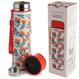 Puckator Pick of The Bunch Protea Botanical Insulated Hot & Cold Drinks Bottle, LED Temperature Display, Reusable Leakproof Thermal Travel Flask, 450ml, Stainless Steel Cool for 24 H Warm for 6 Hours