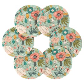 Bar Coaster for Drinks, Coil Woven Coasters Holder Pad 3.94 in Diameter for Mugs Thickness of 0.24 in with Metal Rack Print Colorful Floral Flowers On Turquoise